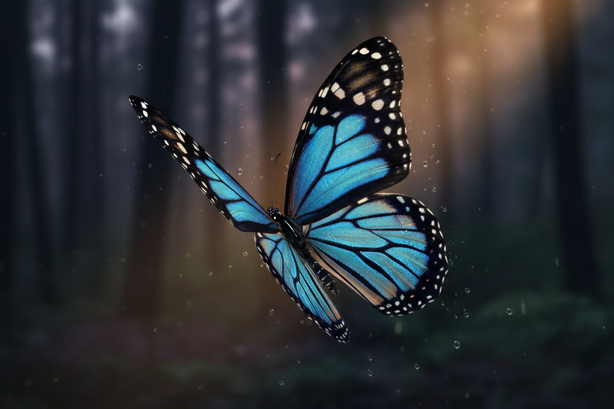Vivid blue monarch butterfly mid flight